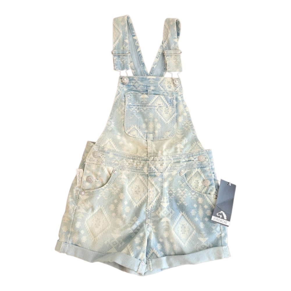 Jordache‎ Girls Geonetric Pattern Light Blue Soft Denim Shortalls Overalls Sz S